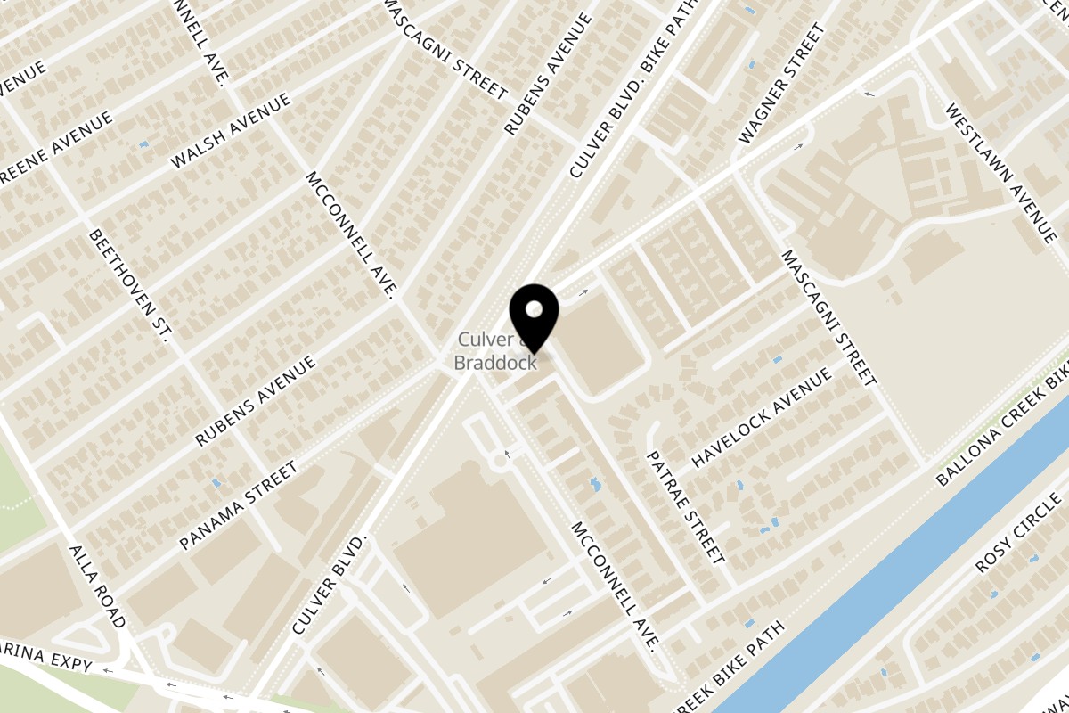 Map showing the location of Lenzini's Pizza on 12740 Culver Blvd Ste B in Los Angeles